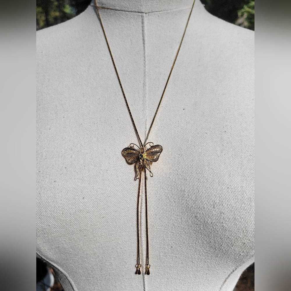 Vintage Delicate Gold Filigree Butterfly Slide Bolo Necklace - Picture 7 of 12